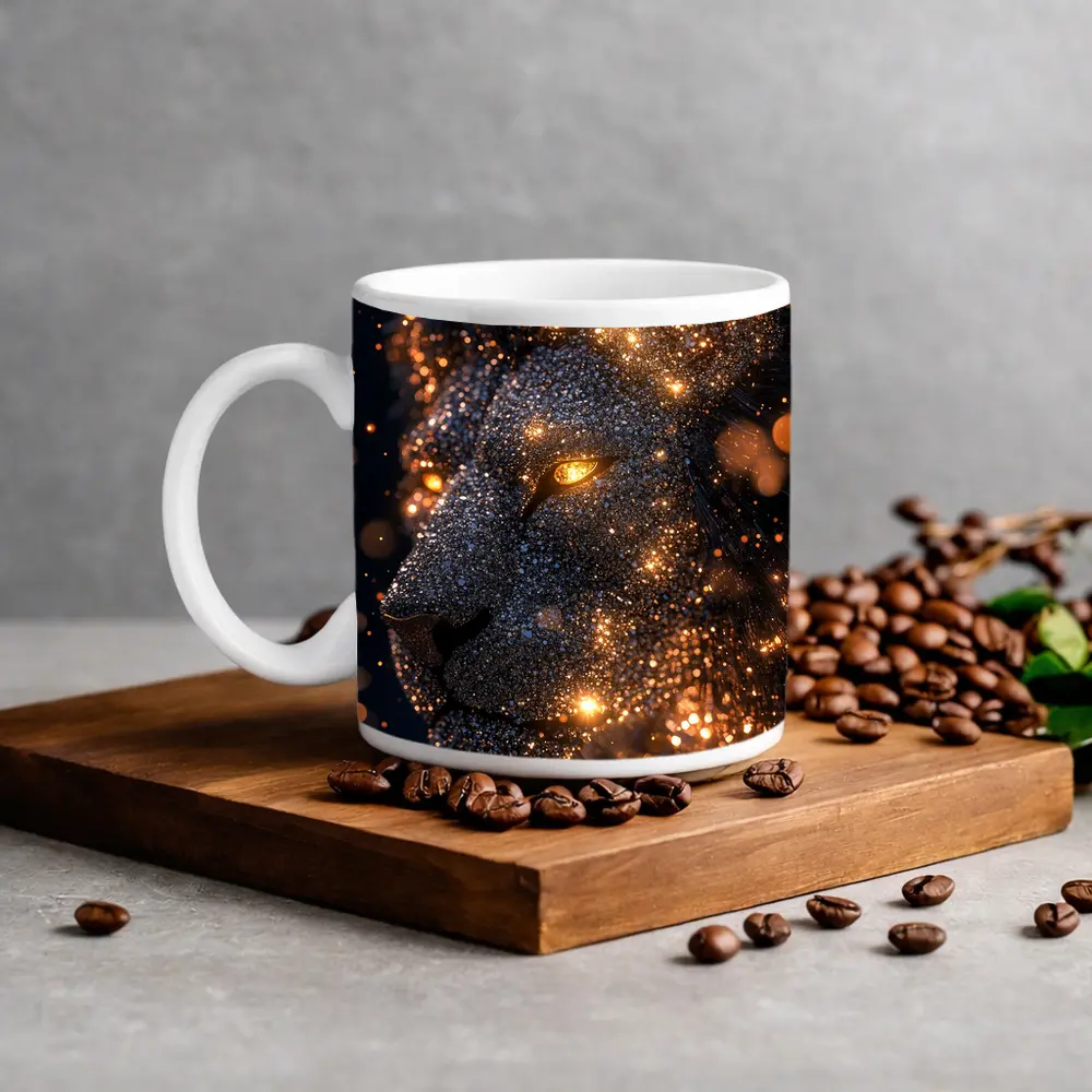 Golden Glowing Lion Head Dark Night Sky – Mugs
