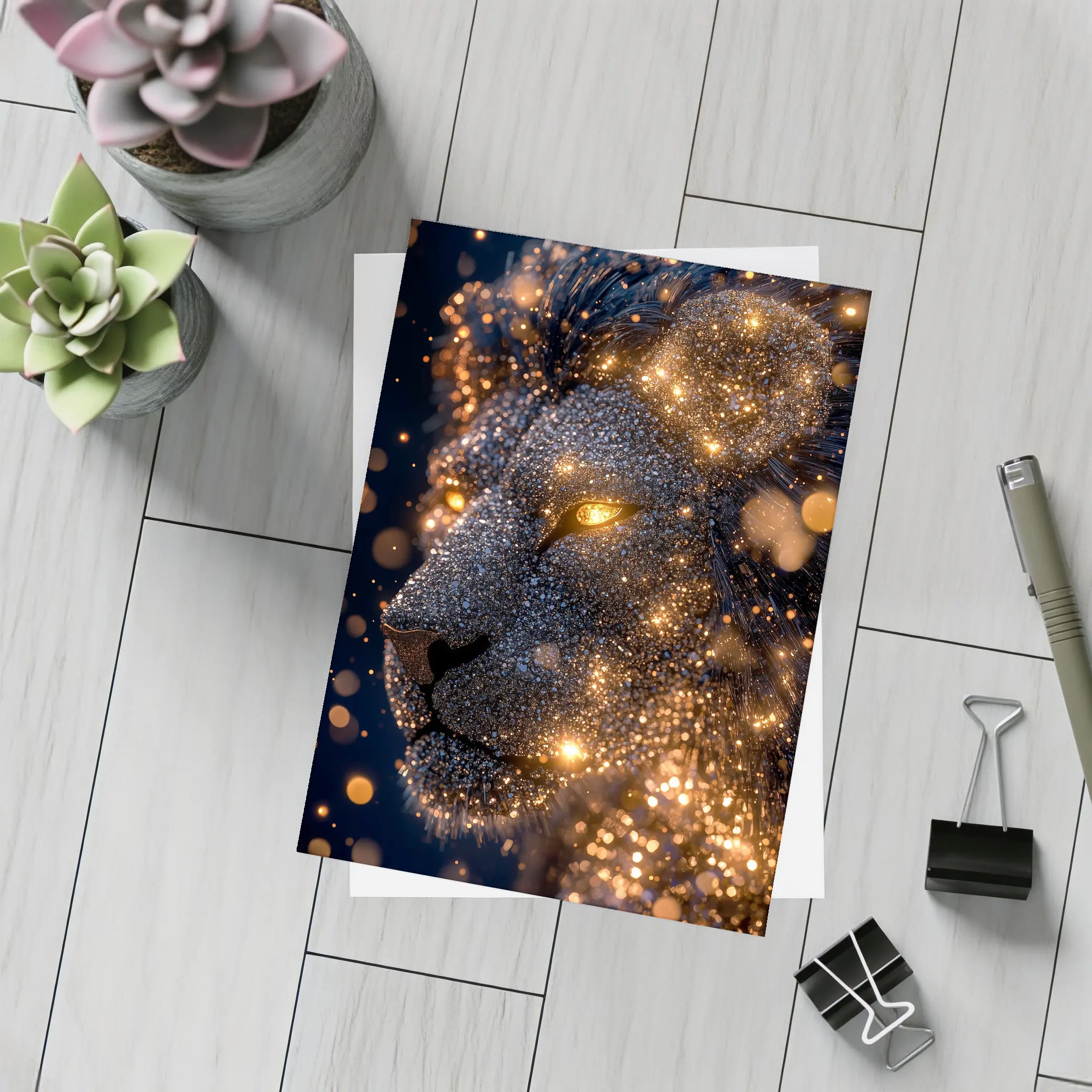 Golden Glowing Lion Head Dark Night Sky – Postcards