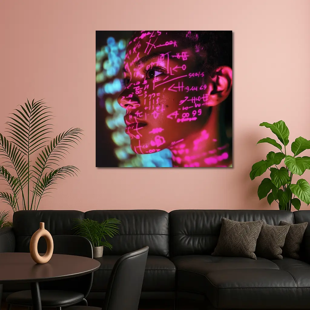 Neon Math Equations Projected On Face – Wall Art