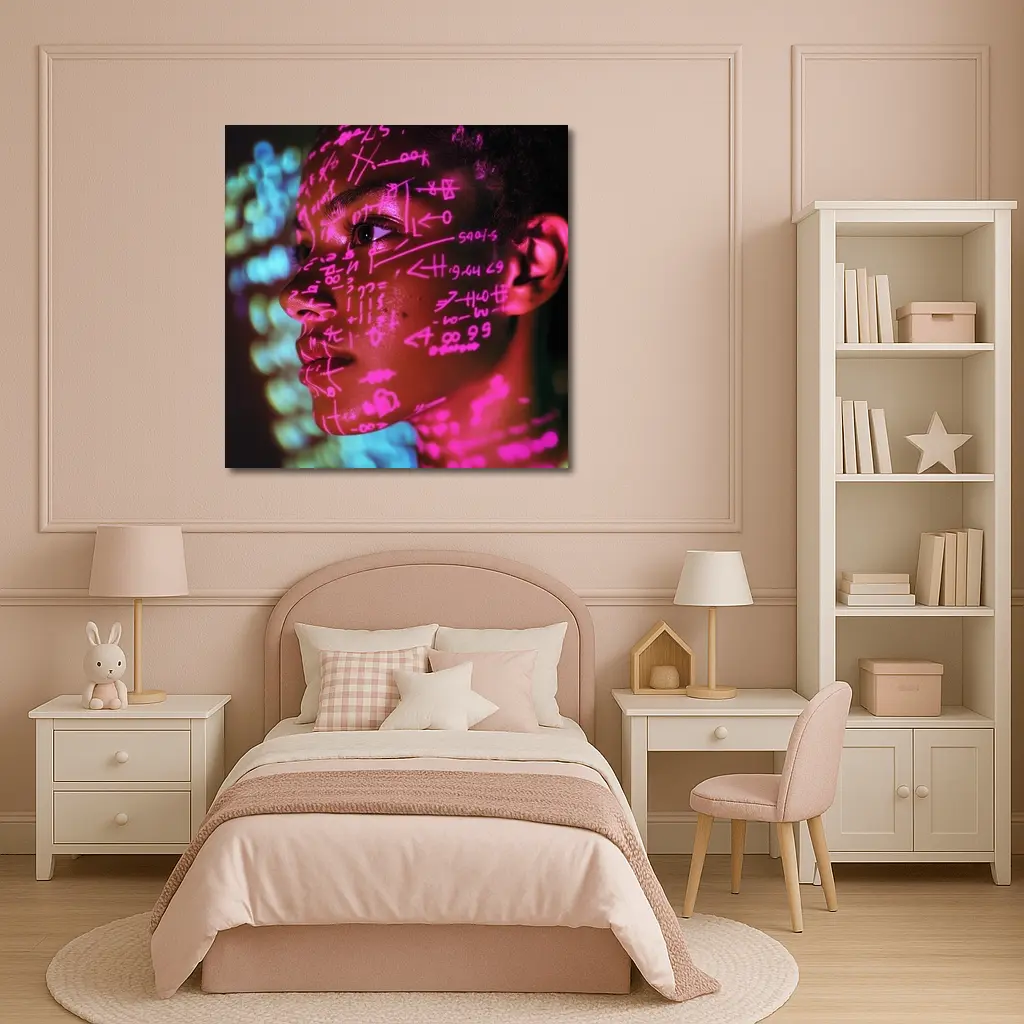 Neon Math Equations Projected On Face – Wall Art