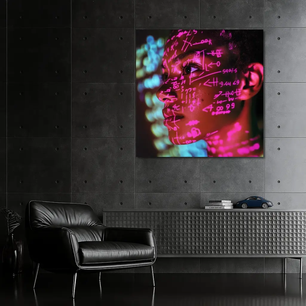 Neon Math Equations Projected On Face – Wall Art
