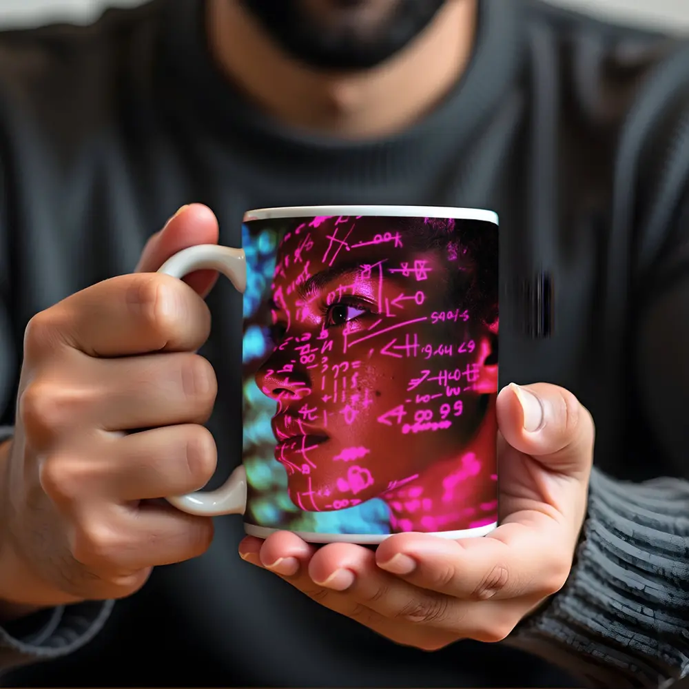 Neon Math Equations Projected On Face – Mugs