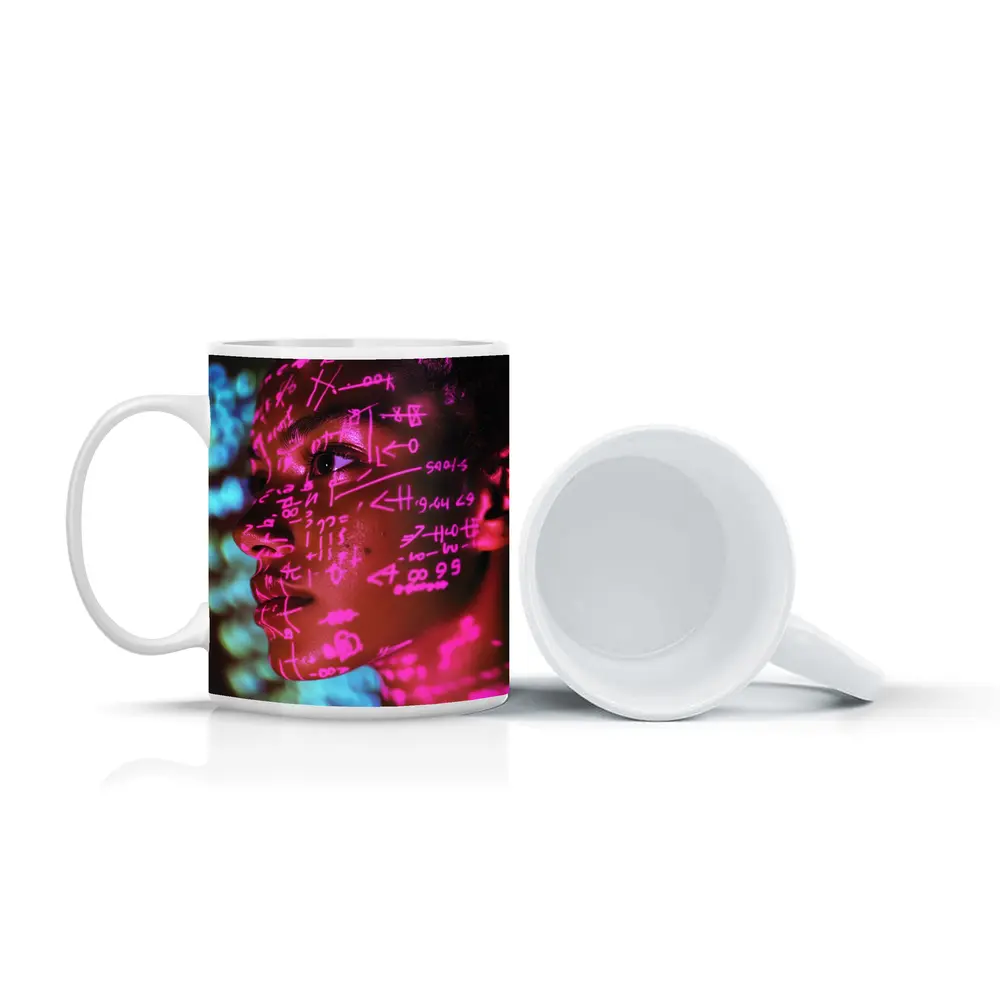 Neon Math Equations Projected On Face – Mugs