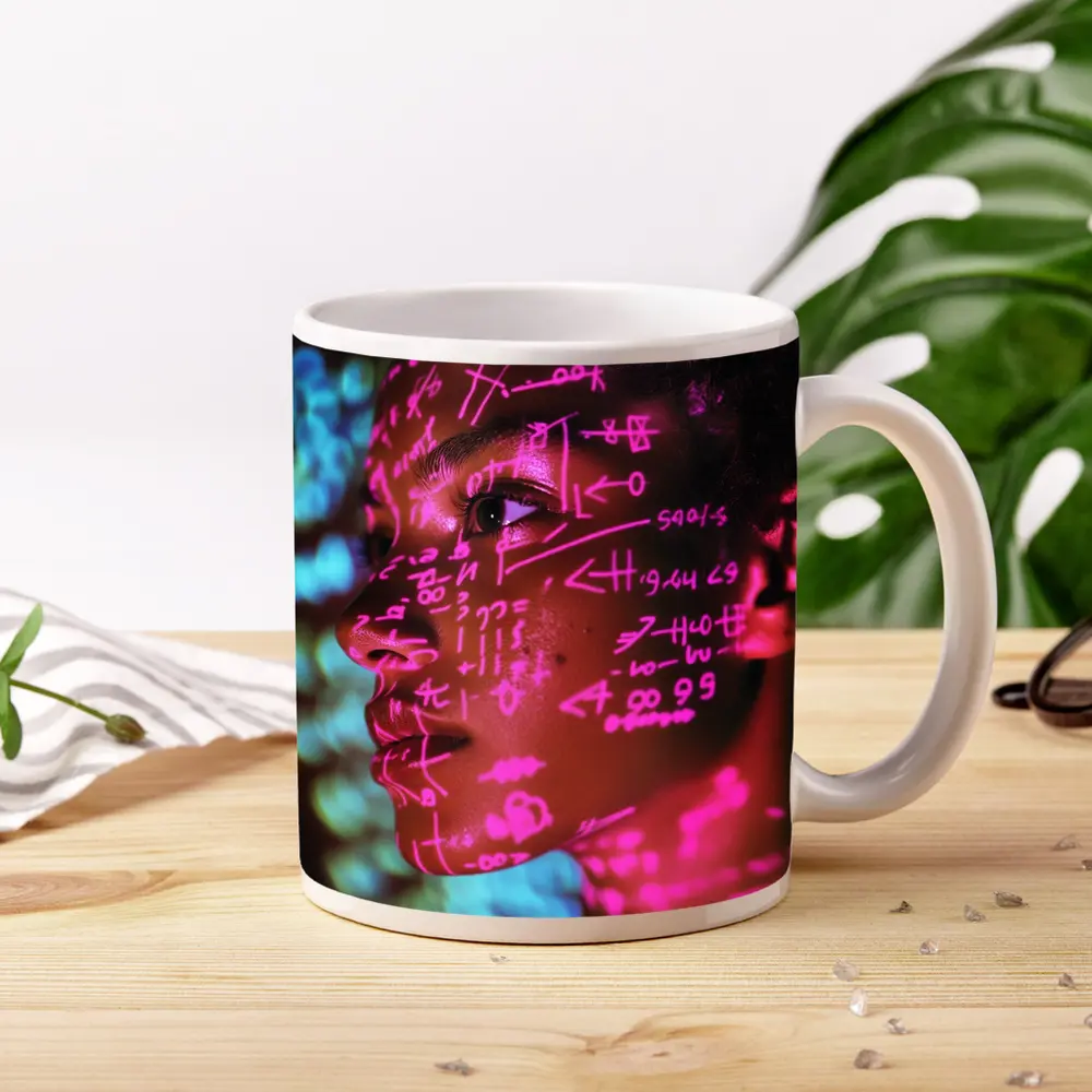 Neon Math Equations Projected On Face – Mugs