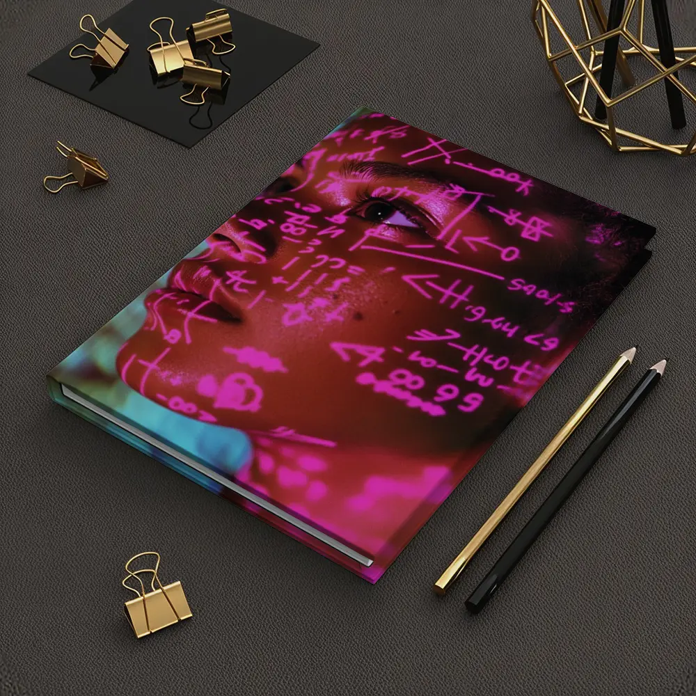 Neon Math Equations Projected On Face – Notebooks