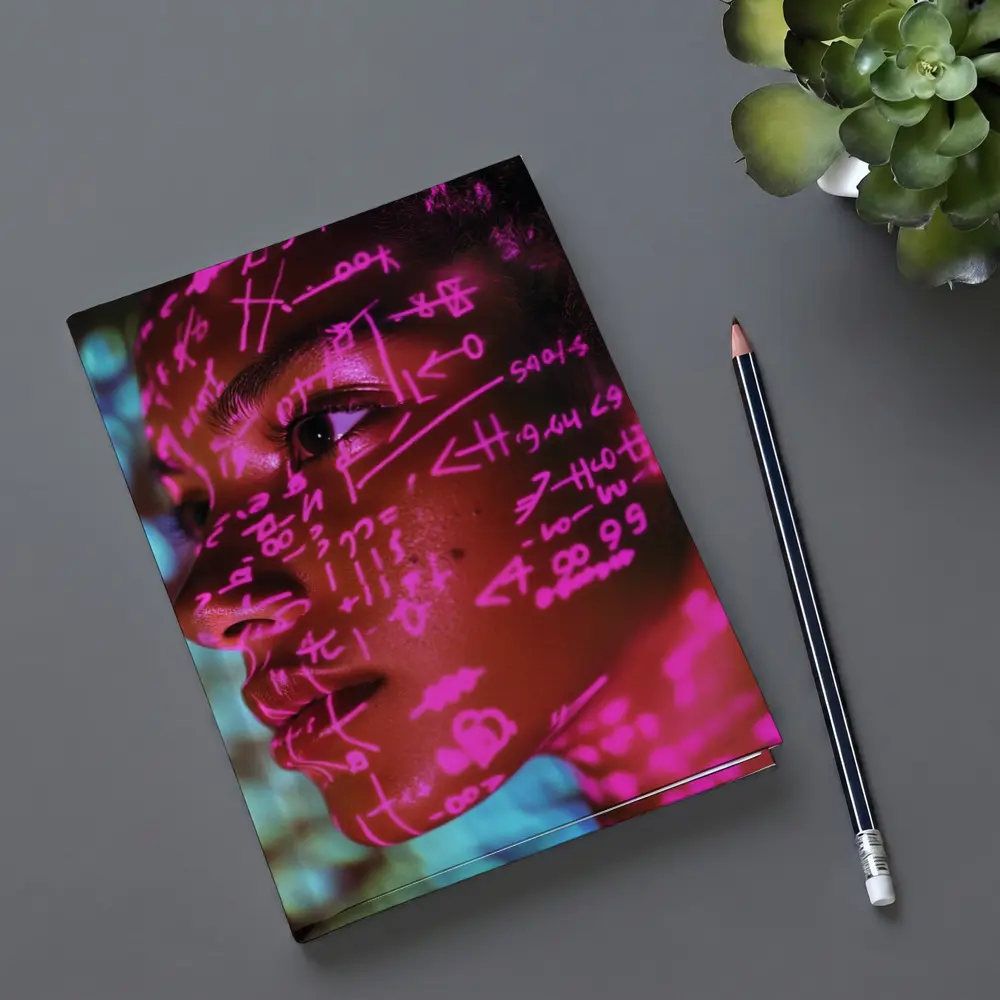 Neon Math Equations Projected On Face – Notebooks