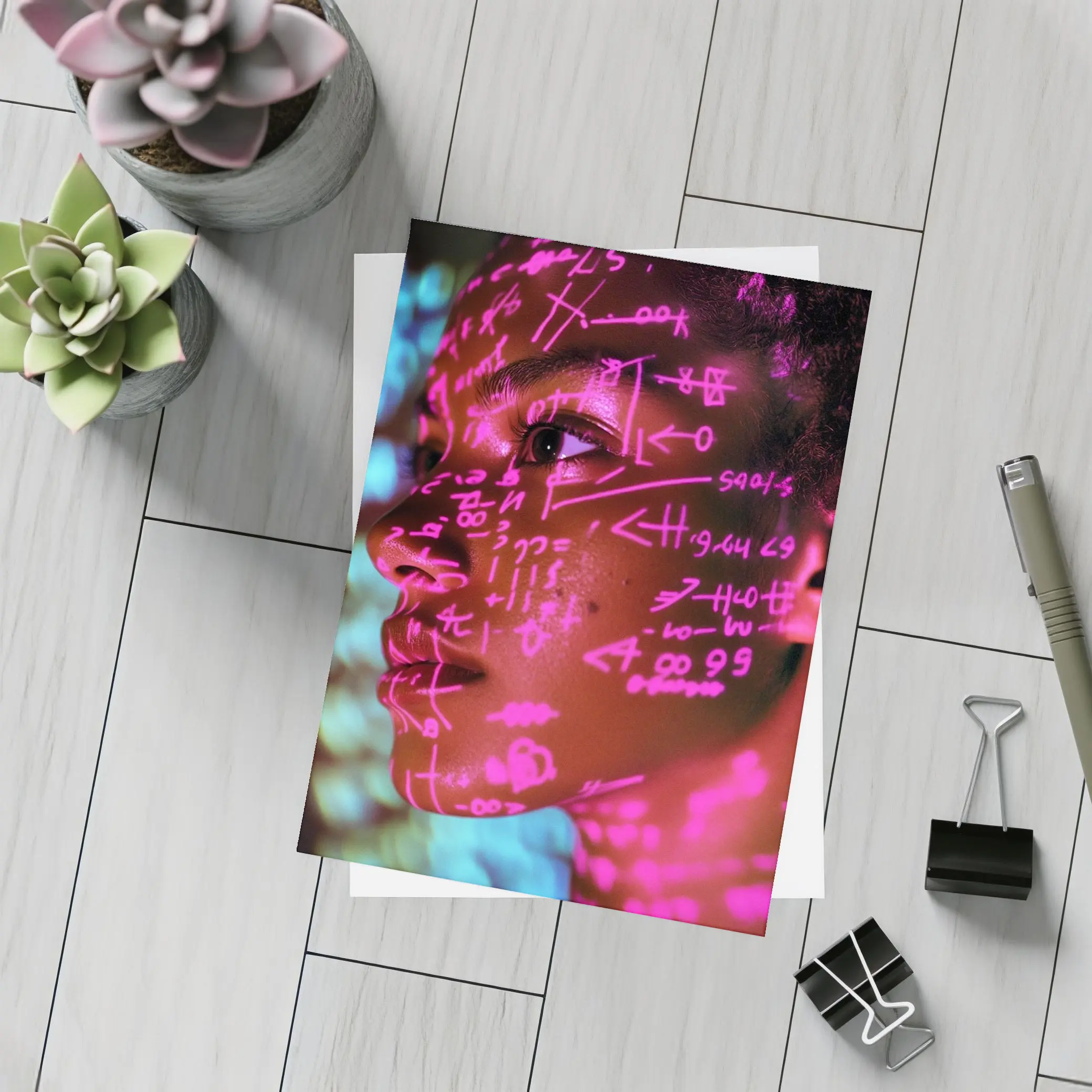 Neon Math Equations Projected On Face – Postcards