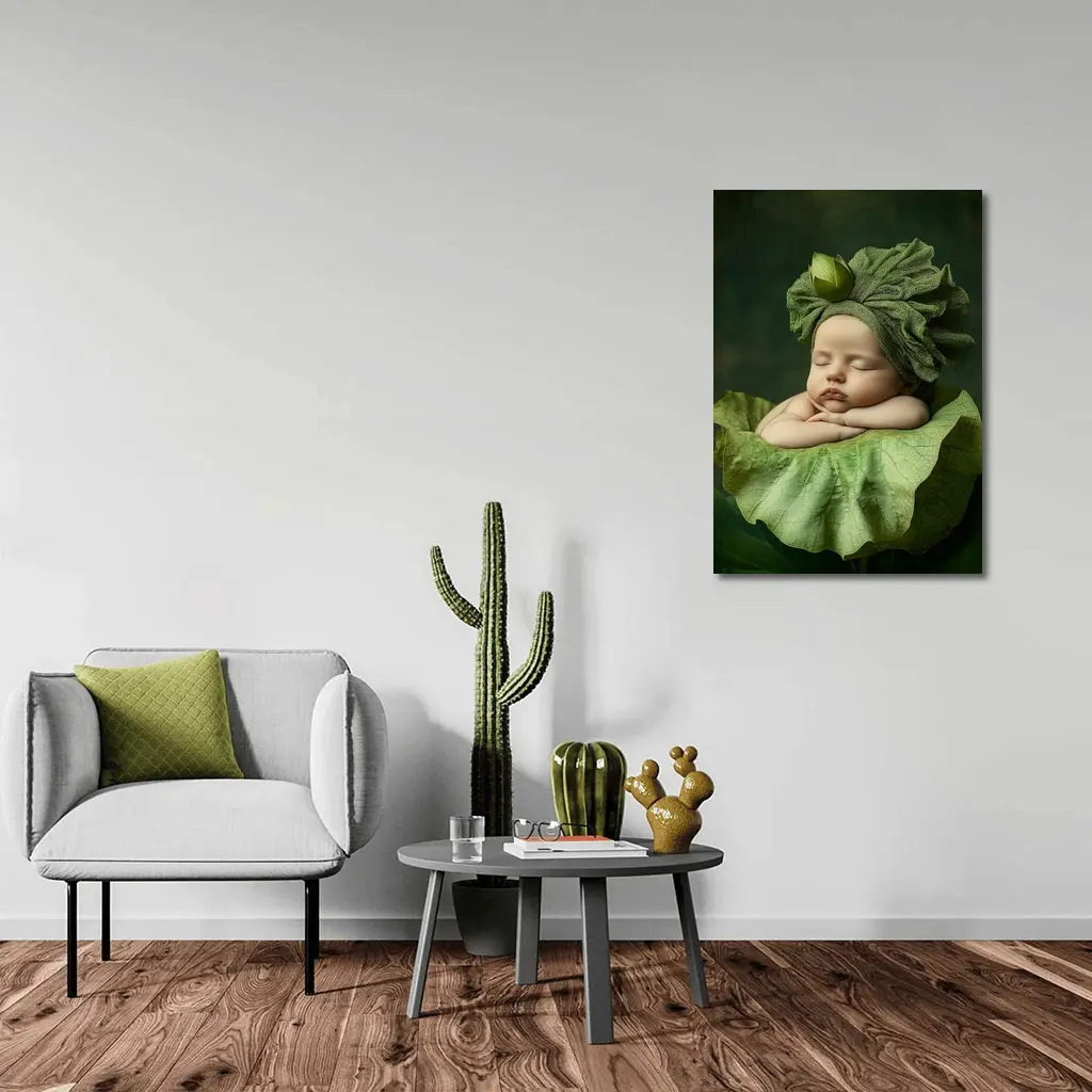 Sleeping Baby On Green Lotus Leaf – Wall Art