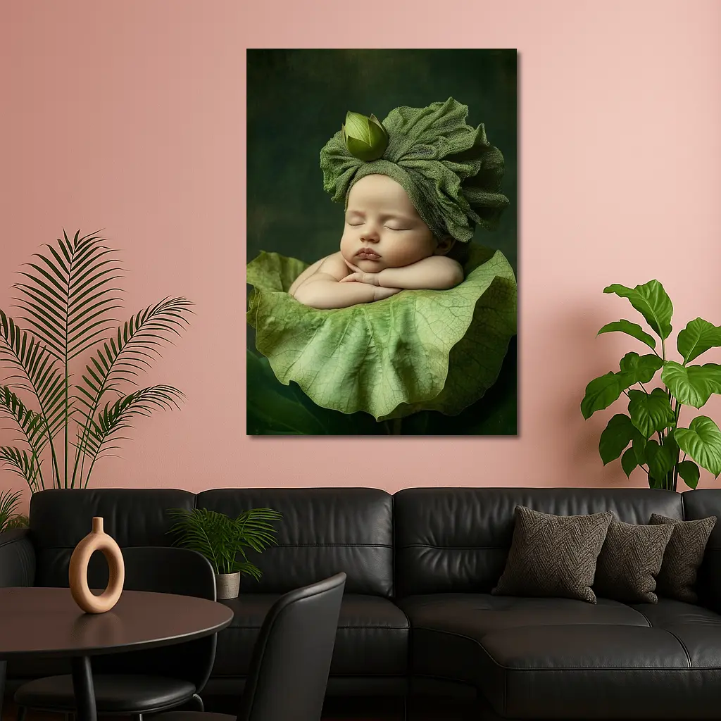 Sleeping Baby On Green Lotus Leaf – Wall Art
