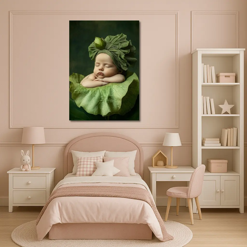 Sleeping Baby On Green Lotus Leaf – Wall Art