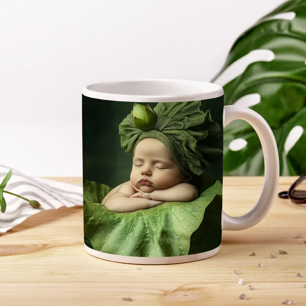 Sleeping Baby On Green Lotus Leaf – Mugs