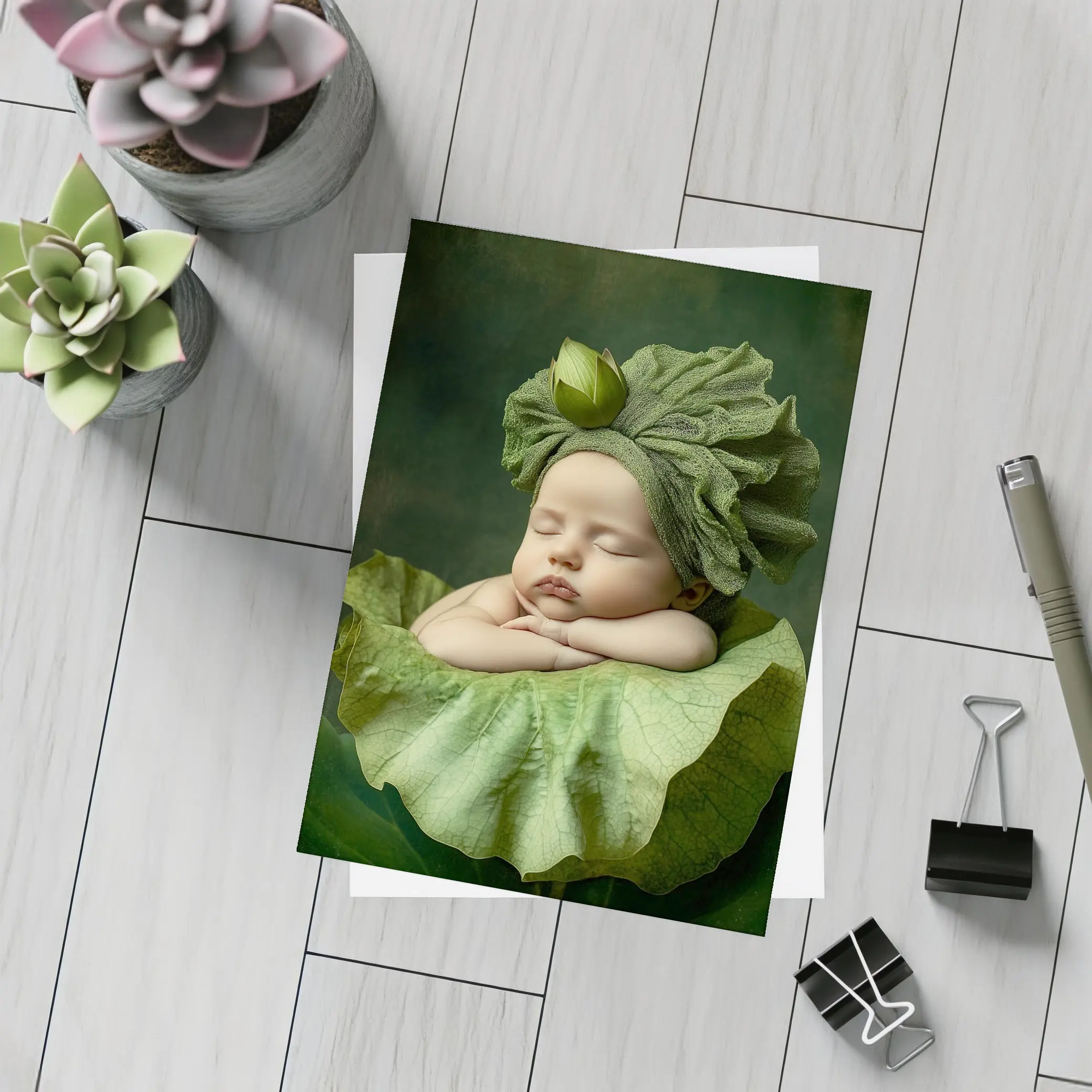 Sleeping Baby On Green Lotus Leaf – Postcards