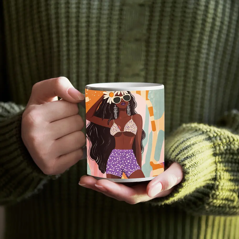 Retro Fashion Woman Daisy Floral Abstract Background – Mugs
