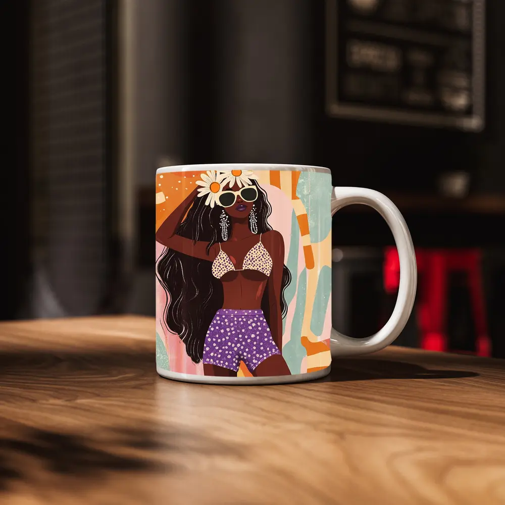 Retro Fashion Woman Daisy Floral Abstract Background – Mugs