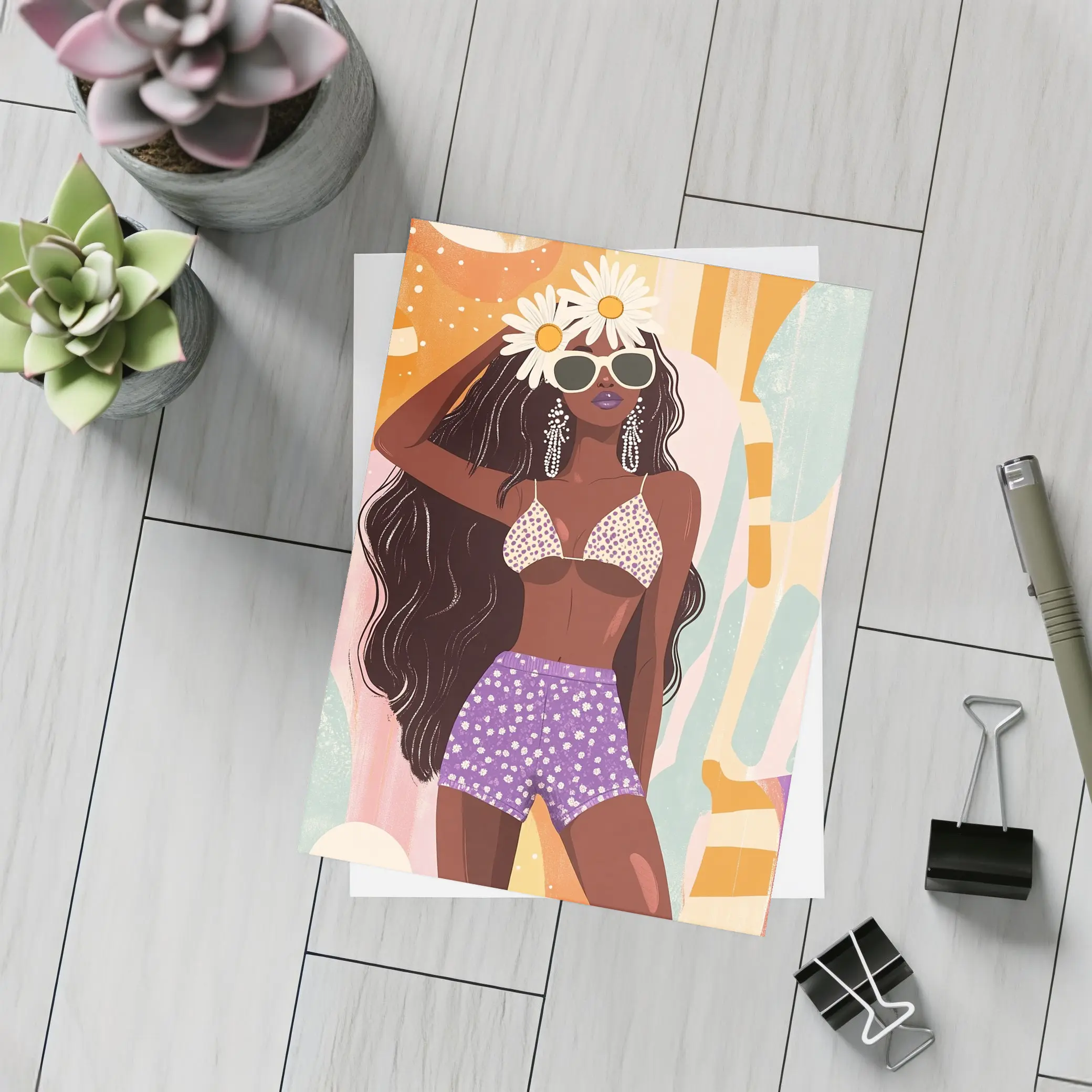 Retro Fashion Woman Daisy Floral Abstract Background – Postcards