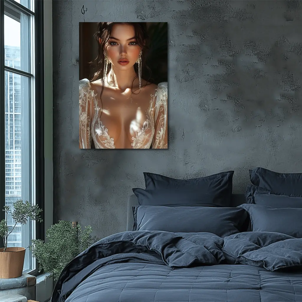 Elegant Woman Lace Dress Gold Earrings – Wall Art