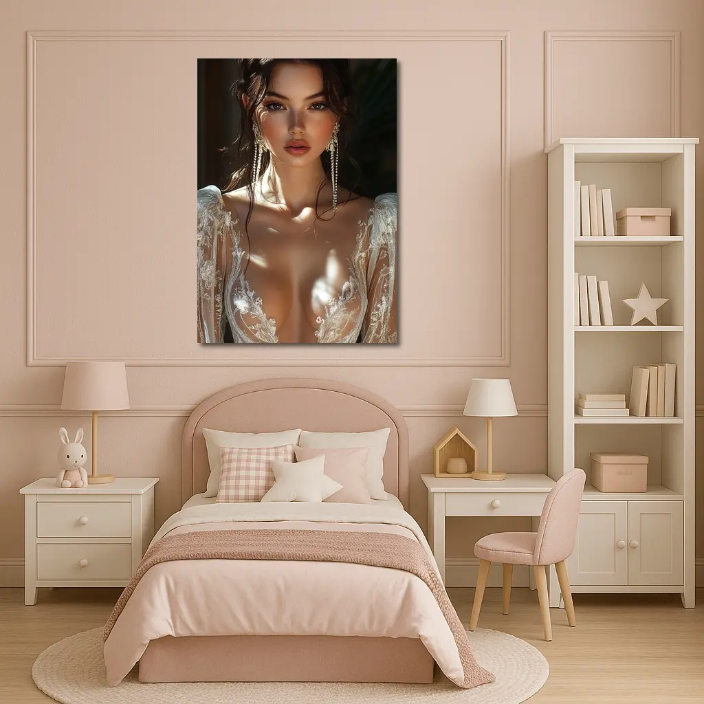 Elegant Woman Lace Dress Gold Earrings – Wall Art