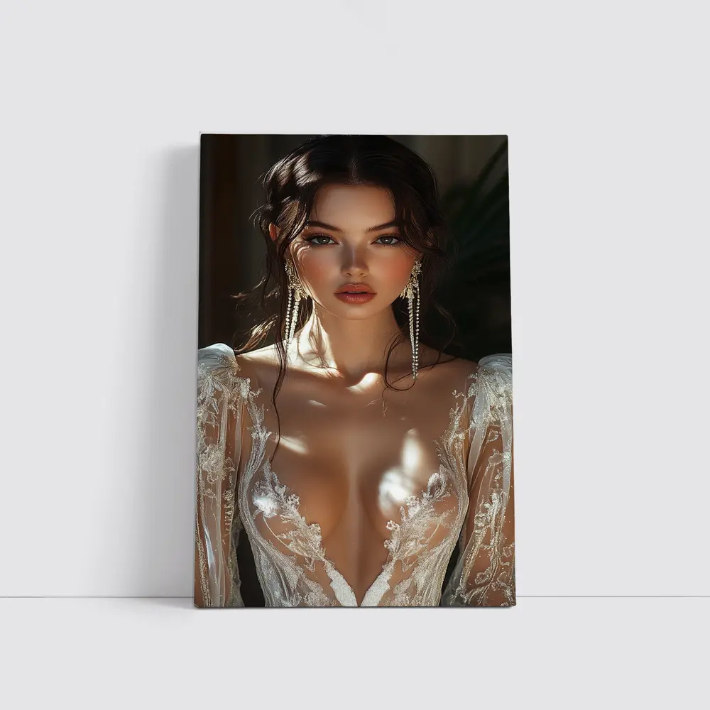 Elegant Woman Lace Dress Gold Earrings – Wall Art