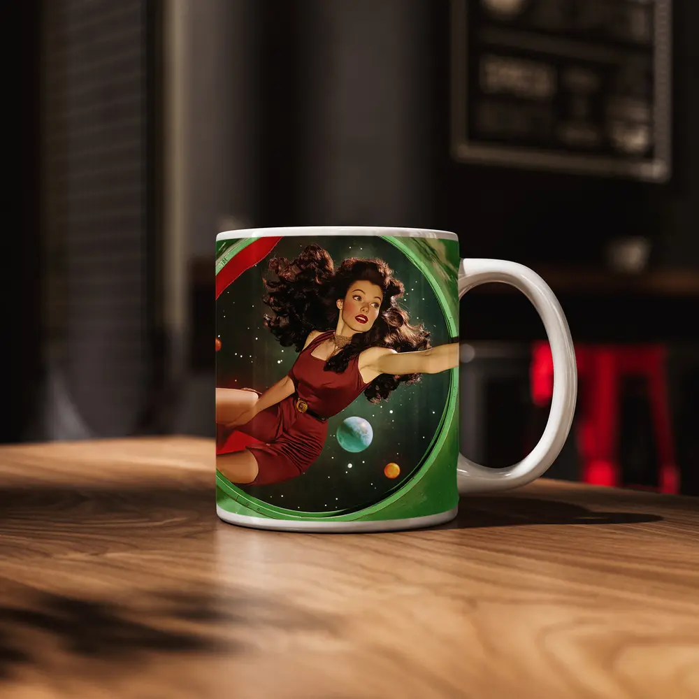 Retro Pin Up Woman Floating In Space – Mugs