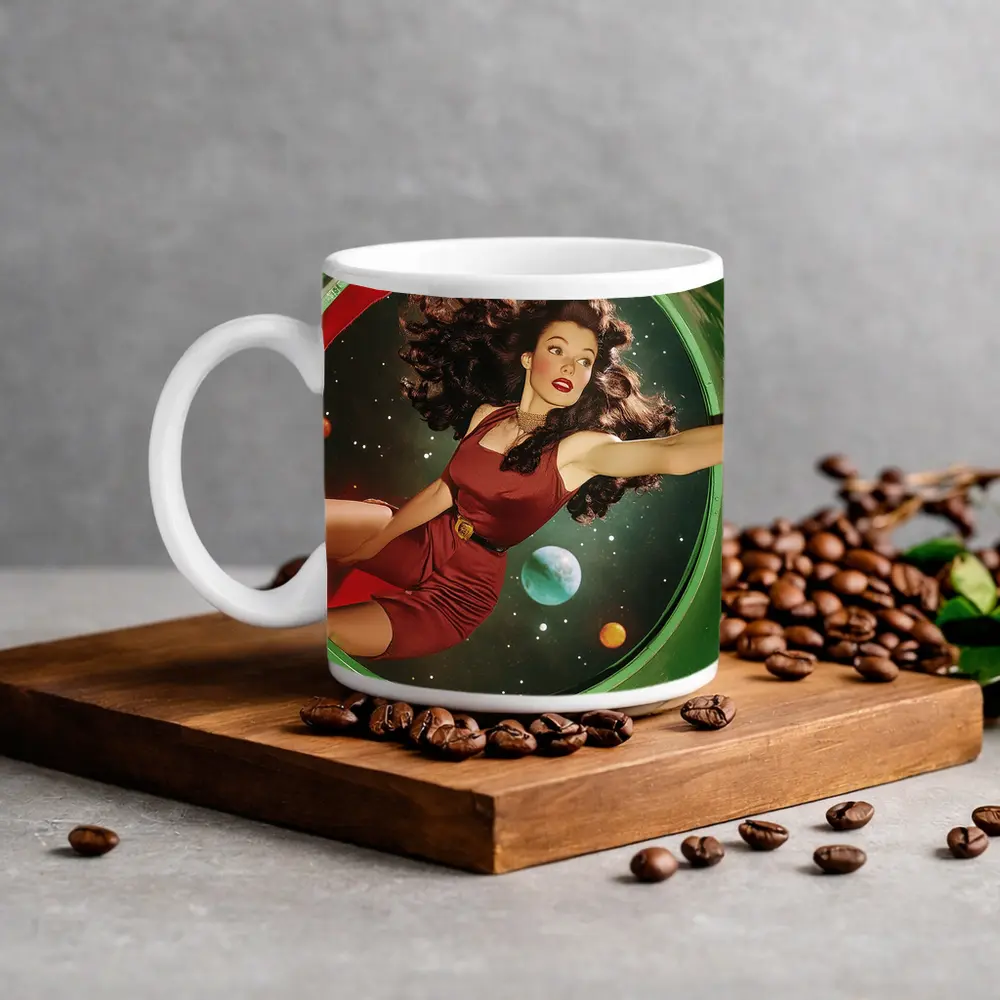 Retro Pin Up Woman Floating In Space – Mugs