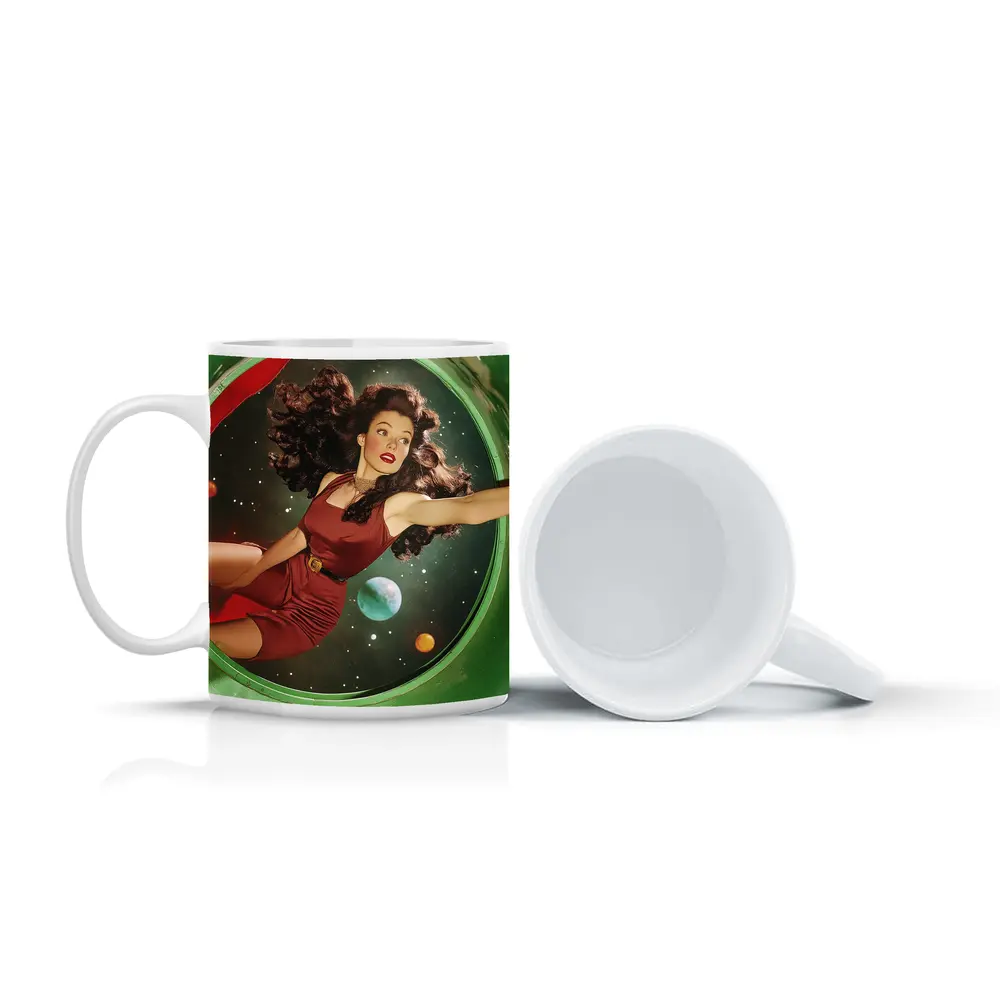 Retro Pin Up Woman Floating In Space – Mugs