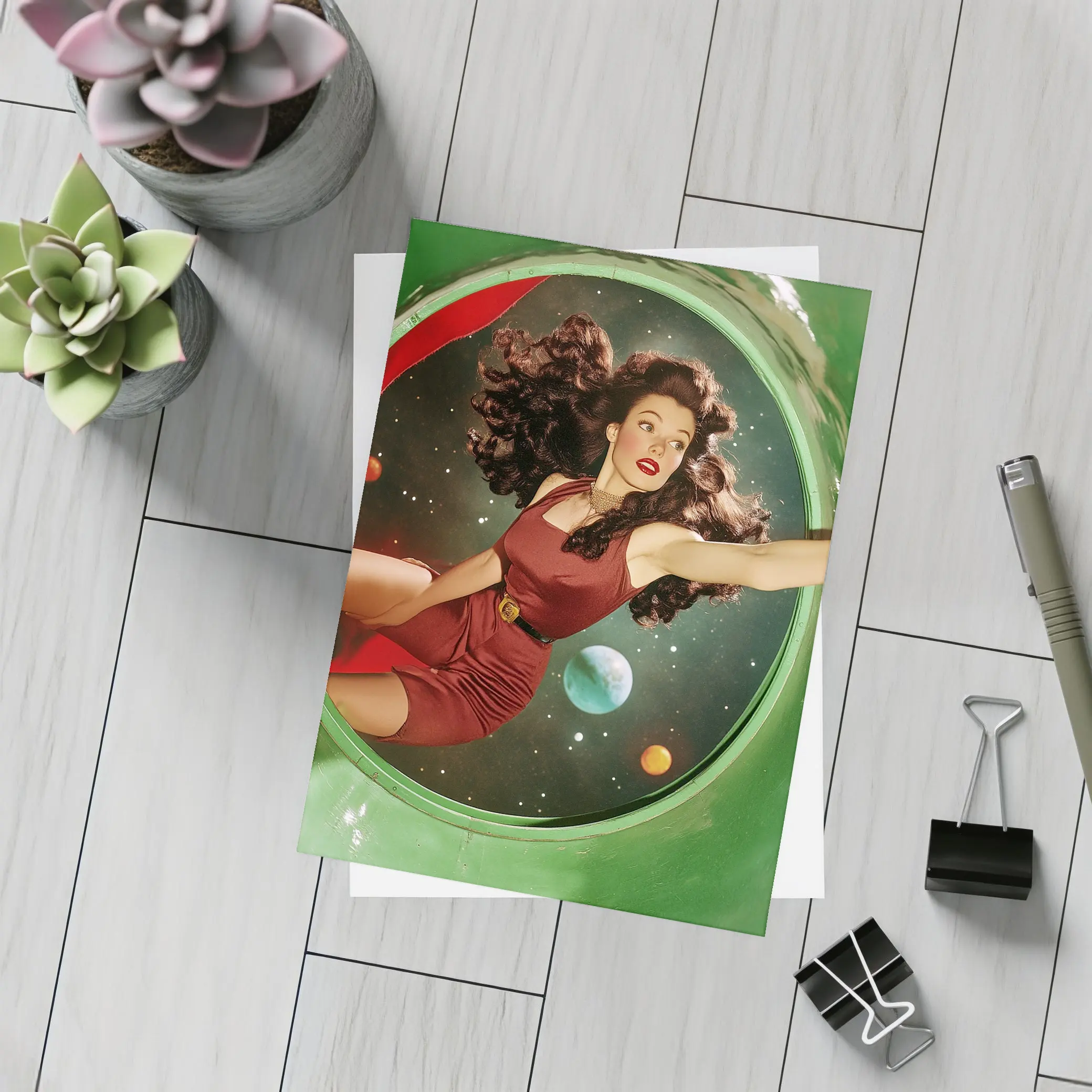 Retro Pin Up Woman Floating In Space – Postcards