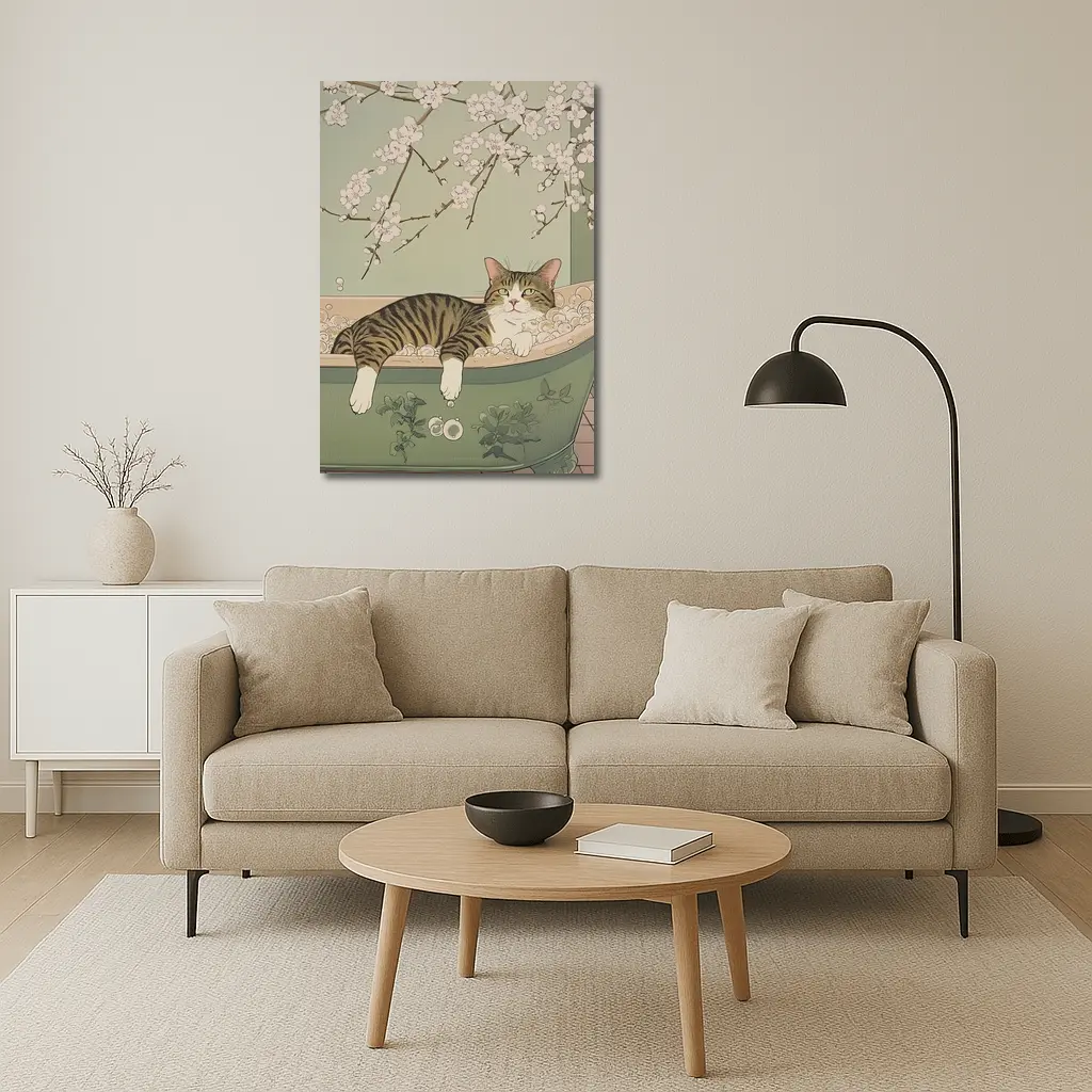 Tabby Cat Relaxing Bubble Bath Cherry Blossoms – Wall Art