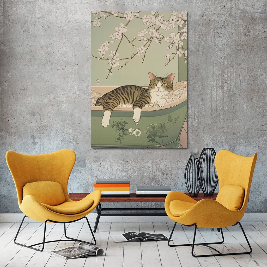 Tabby Cat Relaxing Bubble Bath Cherry Blossoms – Wall Art