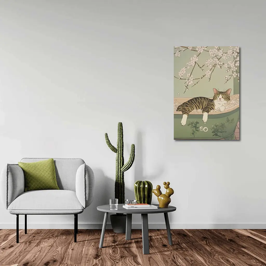 Tabby Cat Relaxing Bubble Bath Cherry Blossoms – Wall Art