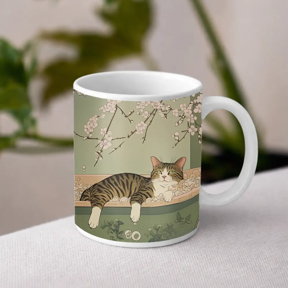 Tabby Cat Relaxing Bubble Bath Cherry Blossoms – Mugs