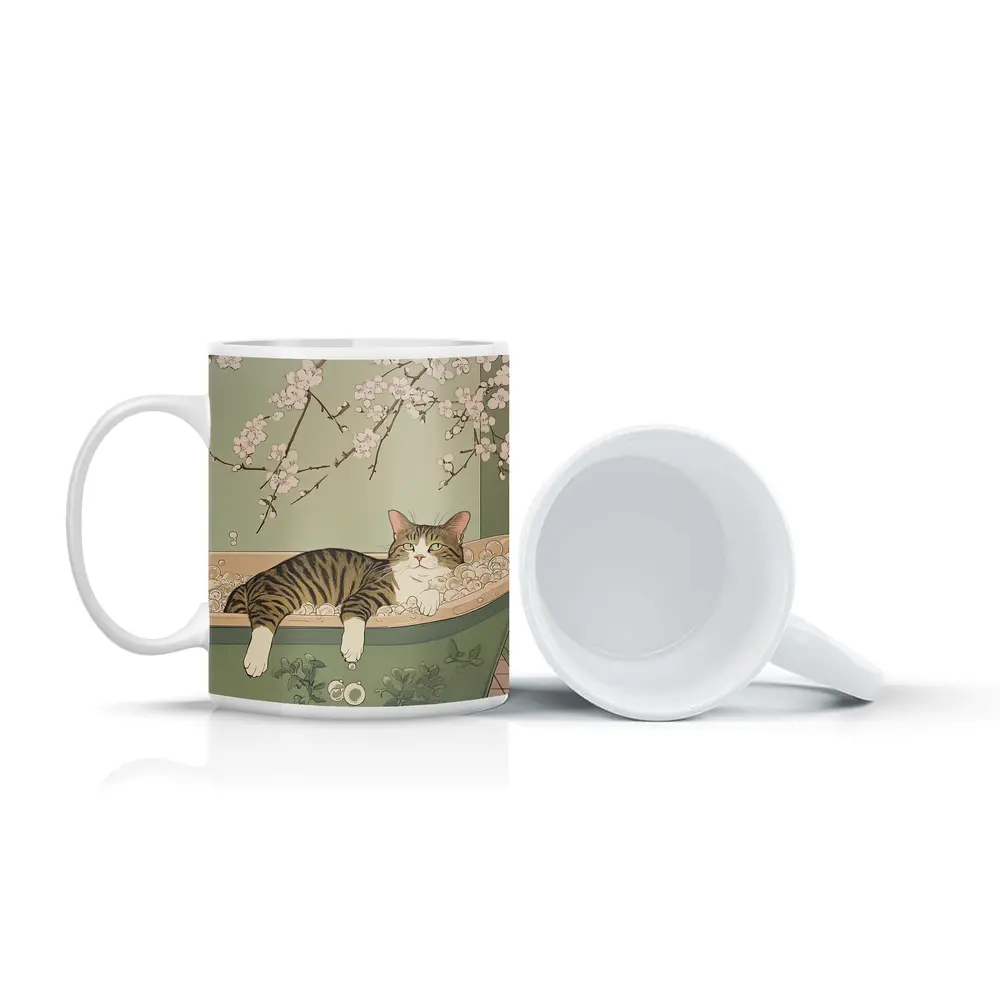 Tabby Cat Relaxing Bubble Bath Cherry Blossoms – Mugs