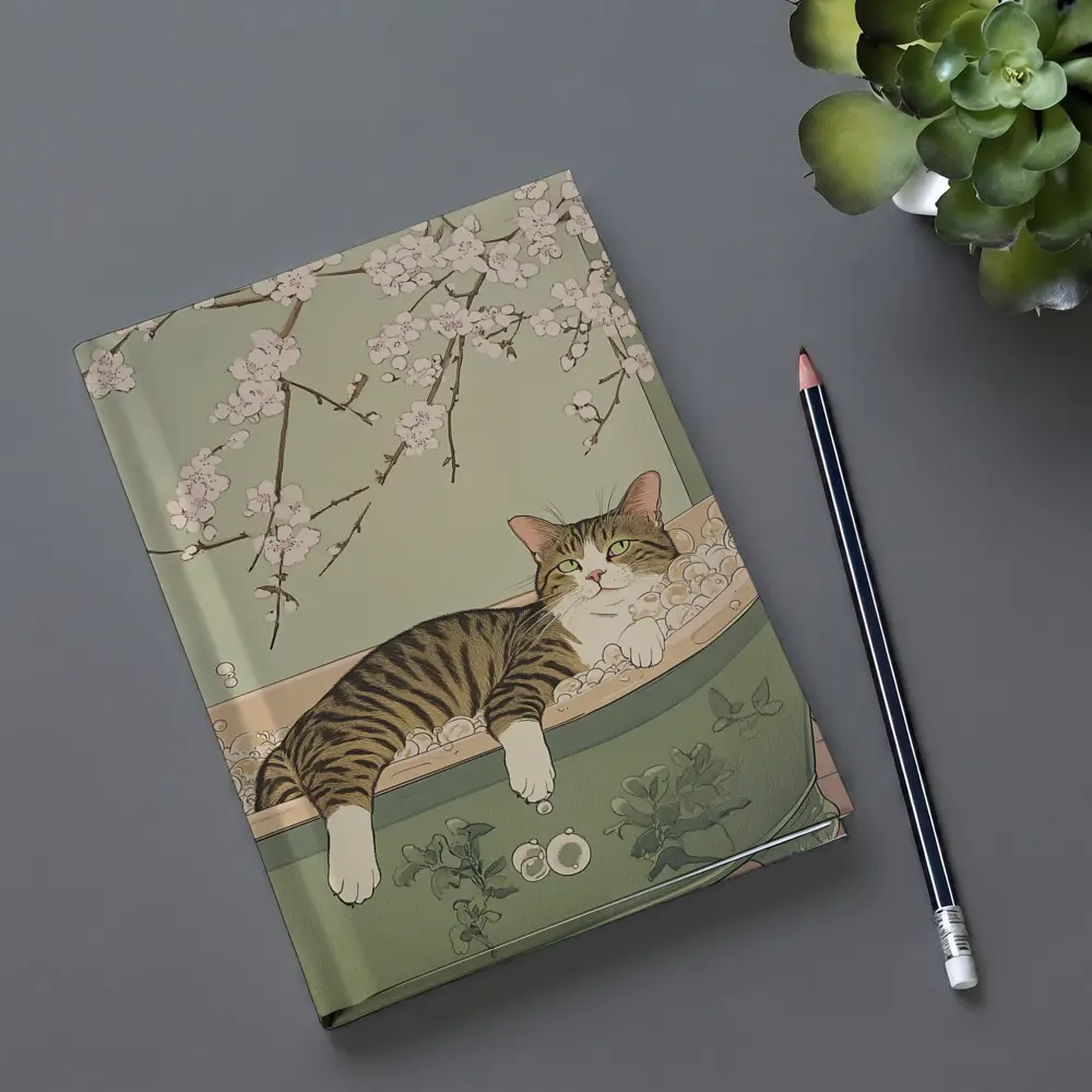 Tabby Cat Relaxing Bubble Bath Cherry Blossoms – Notebooks