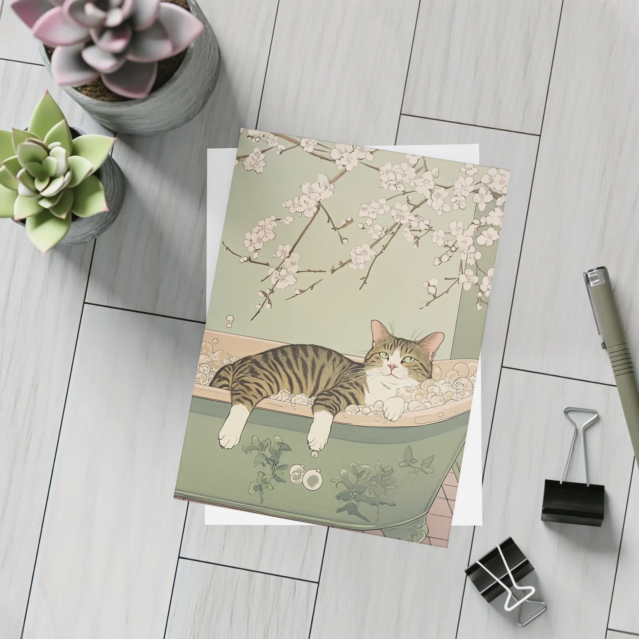 Tabby Cat Relaxing Bubble Bath Cherry Blossoms – Postcards