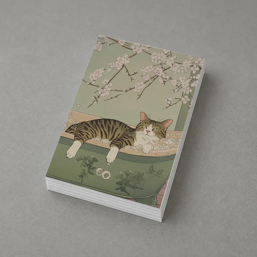 Tabby Cat Relaxing Bubble Bath Cherry Blossoms – Postcards