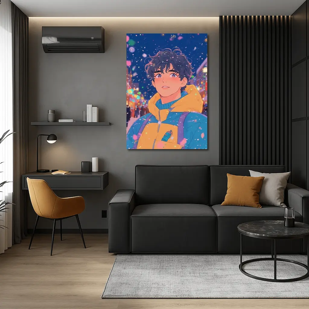 Anime Boy Winter City Snow Night – Wall Art