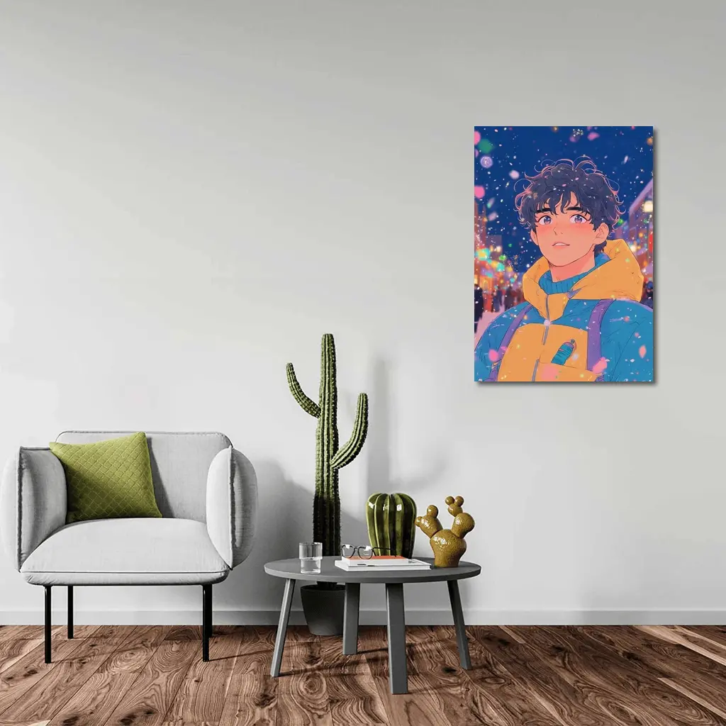 Anime Boy Winter City Snow Night – Wall Art