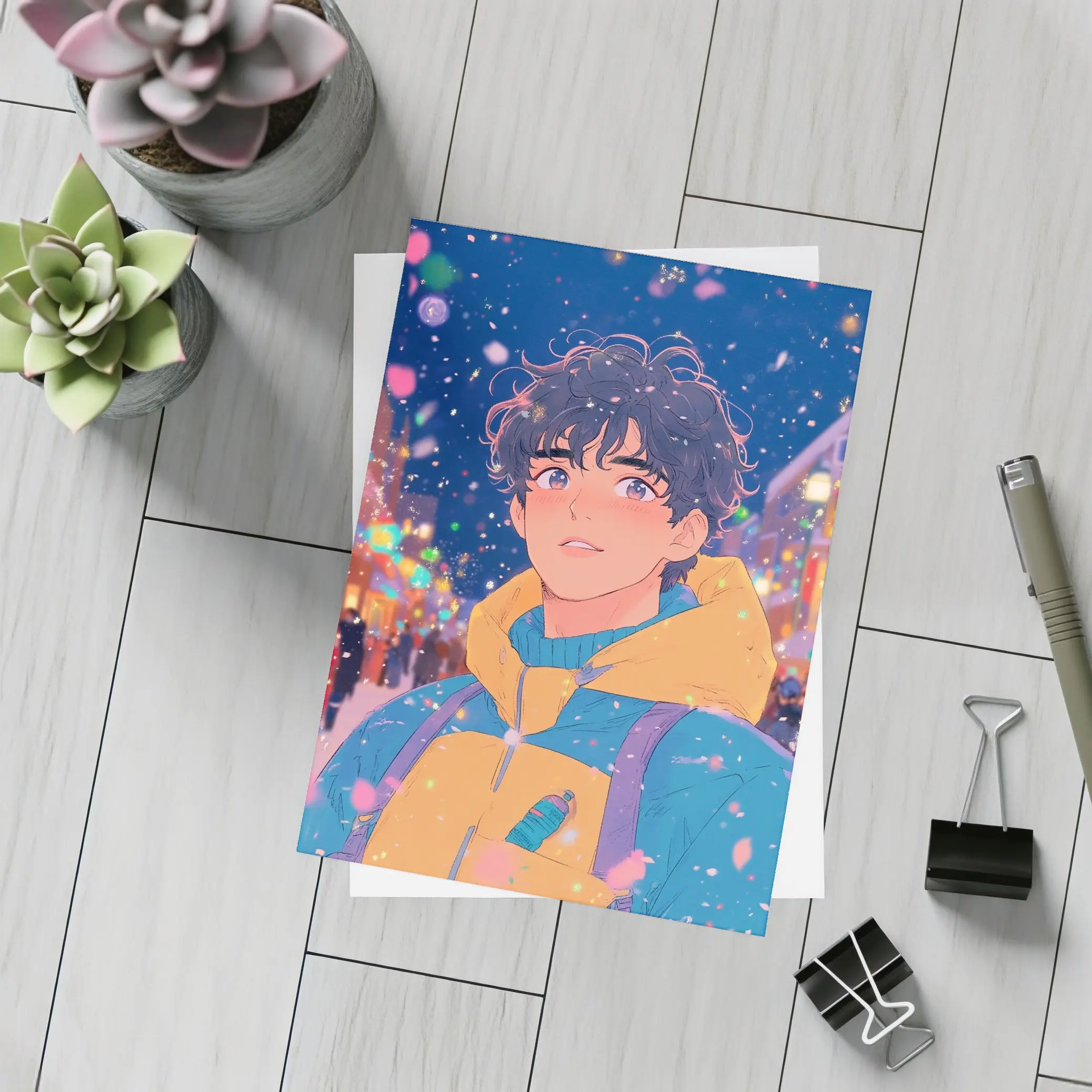 Anime Boy Winter City Snow Night – Postcards