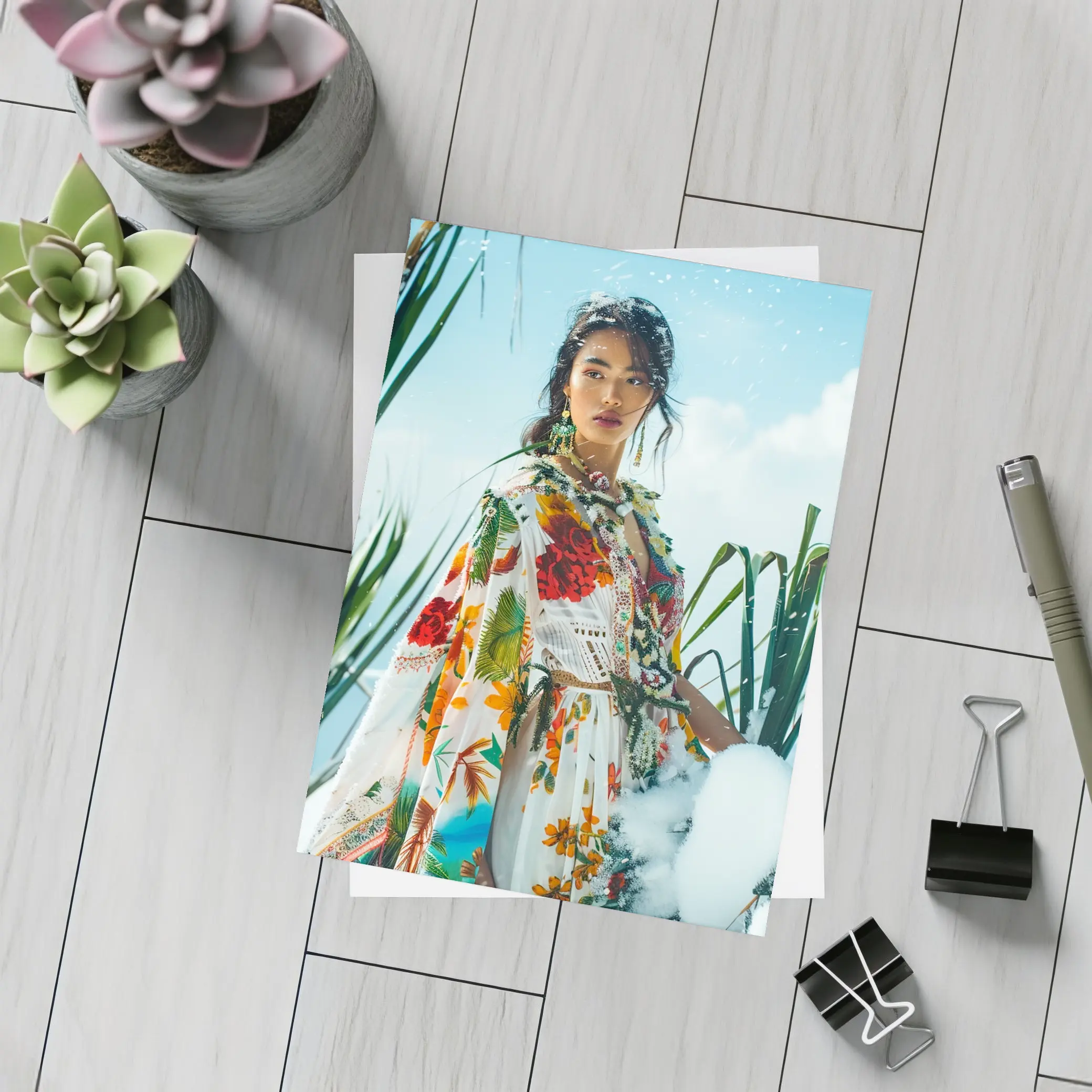 Floral Print Woman Snow Winter Fashion – Postcards