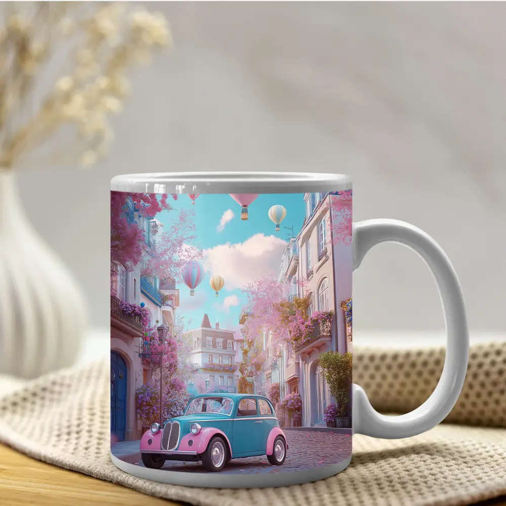 Retro Classic Car Pink Cobblestone Street – Mugs