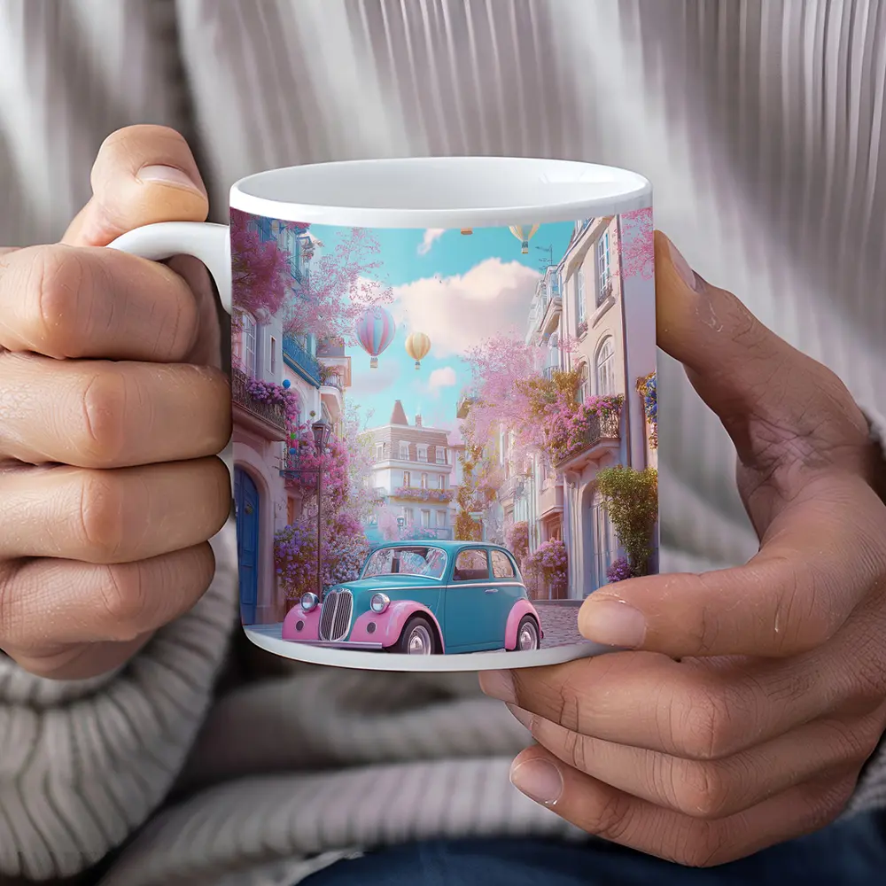 Retro Classic Car Pink Cobblestone Street – Mugs