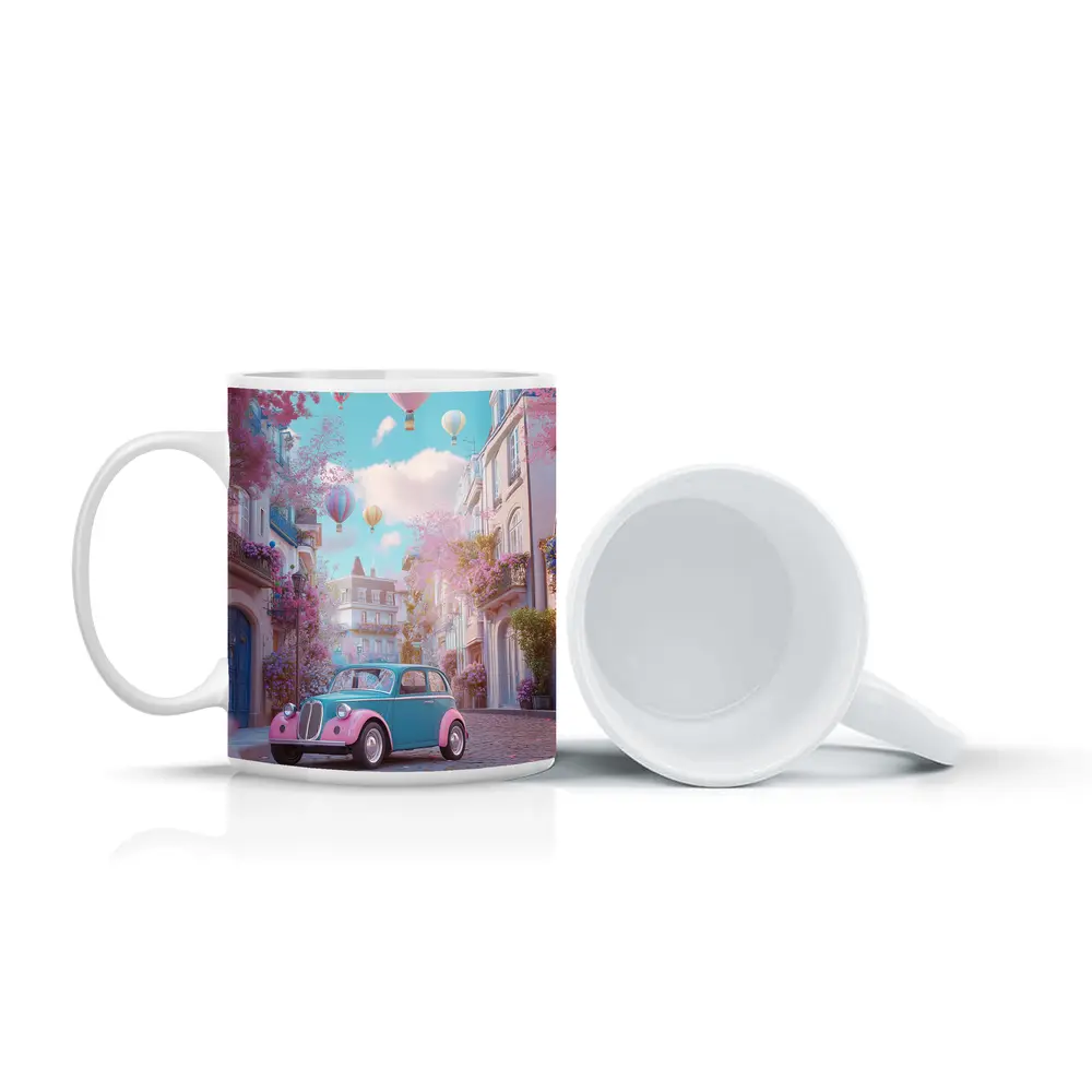 Retro Classic Car Pink Cobblestone Street – Mugs