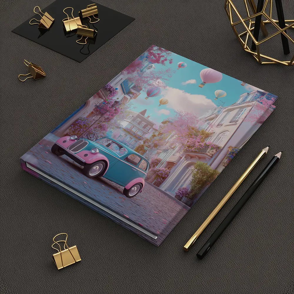 Retro Classic Car Pink Cobblestone Street – Notebooks