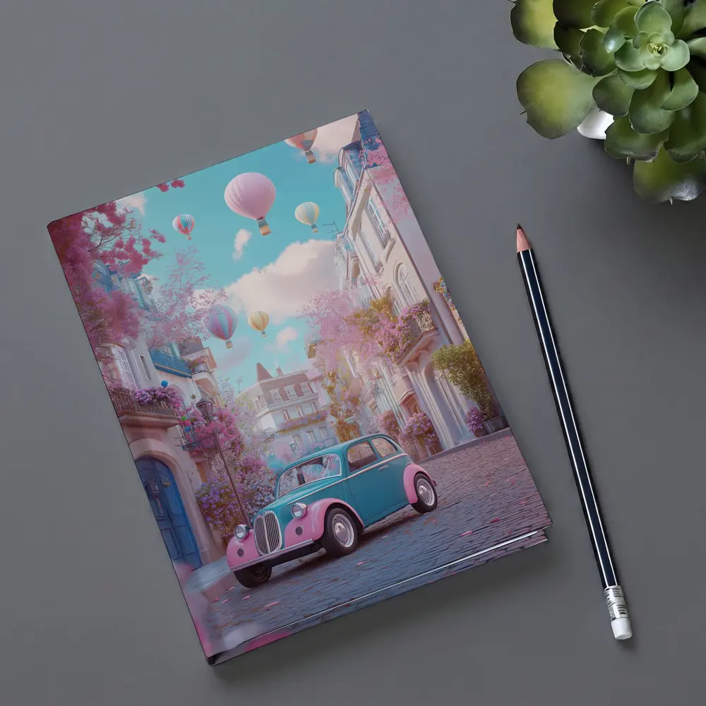 Retro Classic Car Pink Cobblestone Street – Notebooks