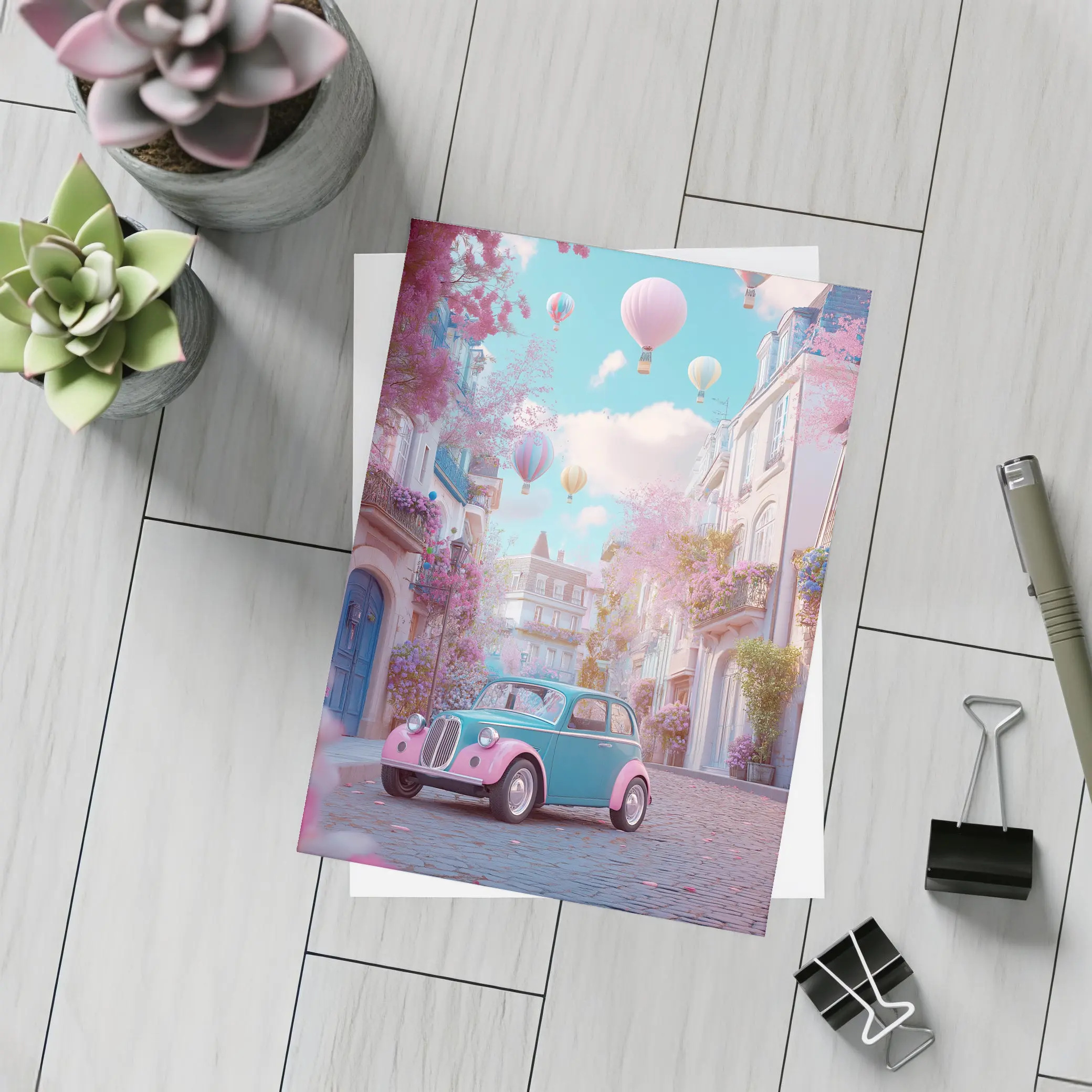 Retro Classic Car Pink Cobblestone Street – Postcards