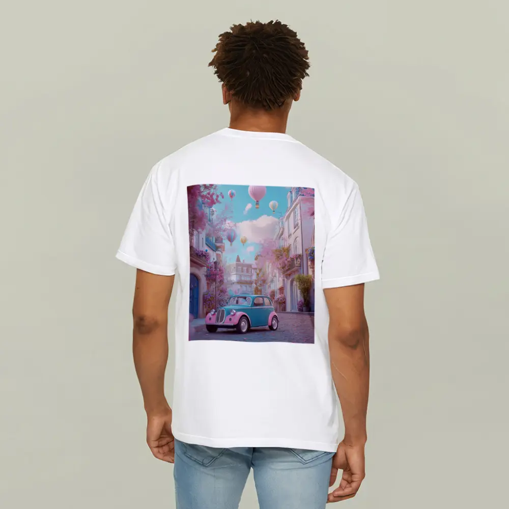 Retro Classic Car Pink Cobblestone Street – T-Shirts