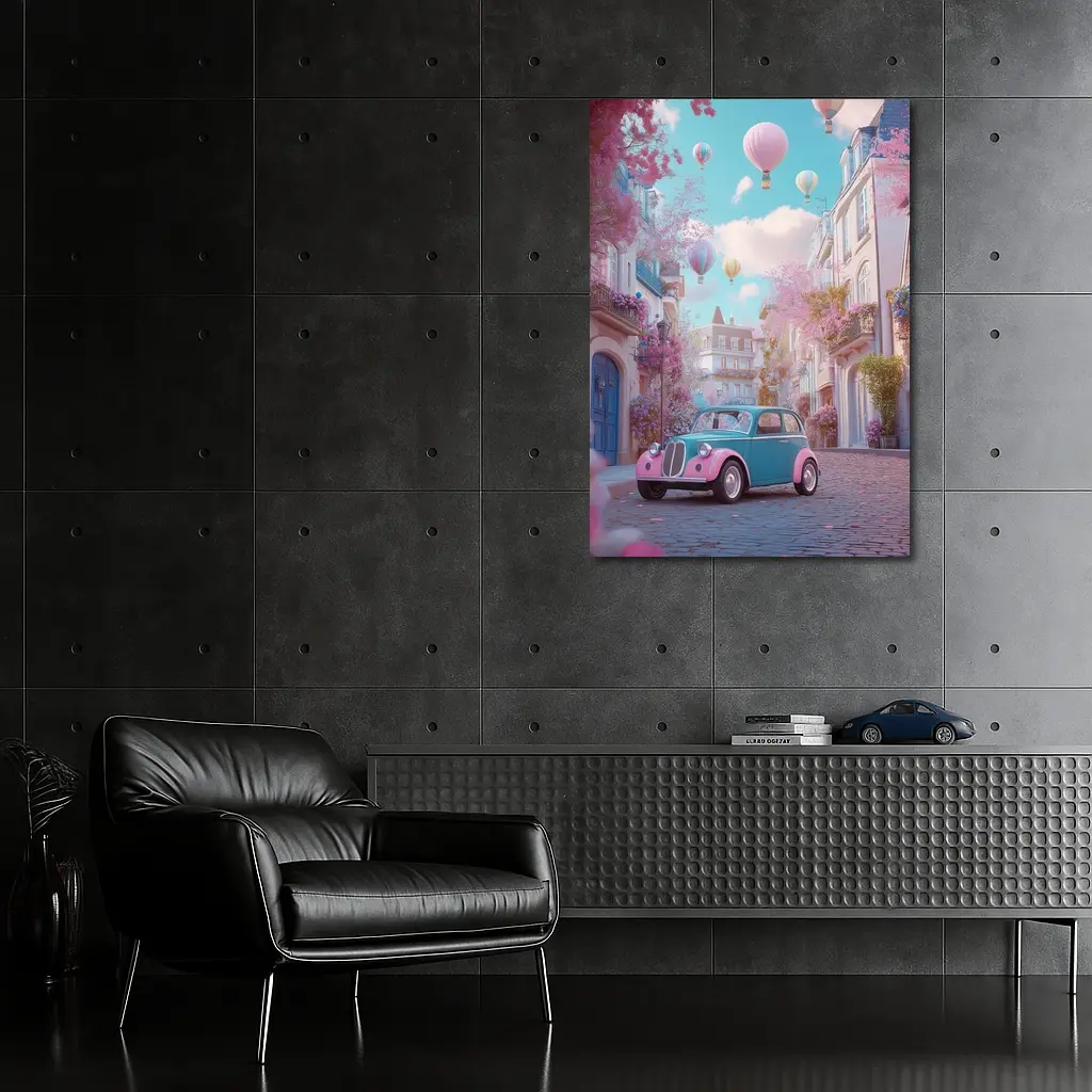 Retro Classic Car Pink Cobblestone Street – Wall Art
