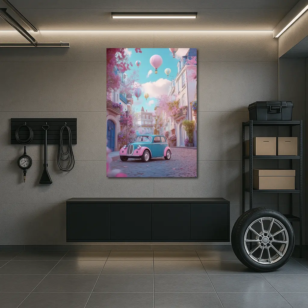 Retro Classic Car Pink Cobblestone Street – Wall Art