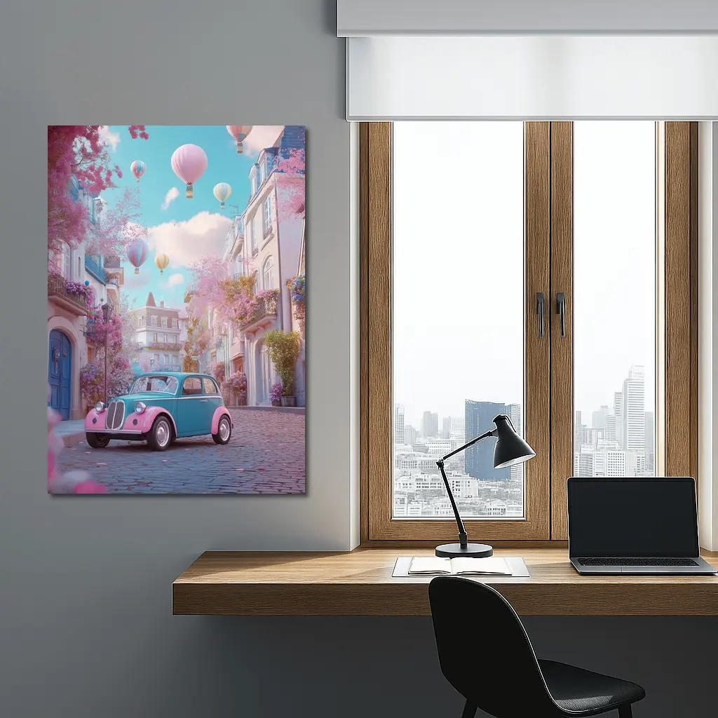 Retro Classic Car Pink Cobblestone Street – Wall Art