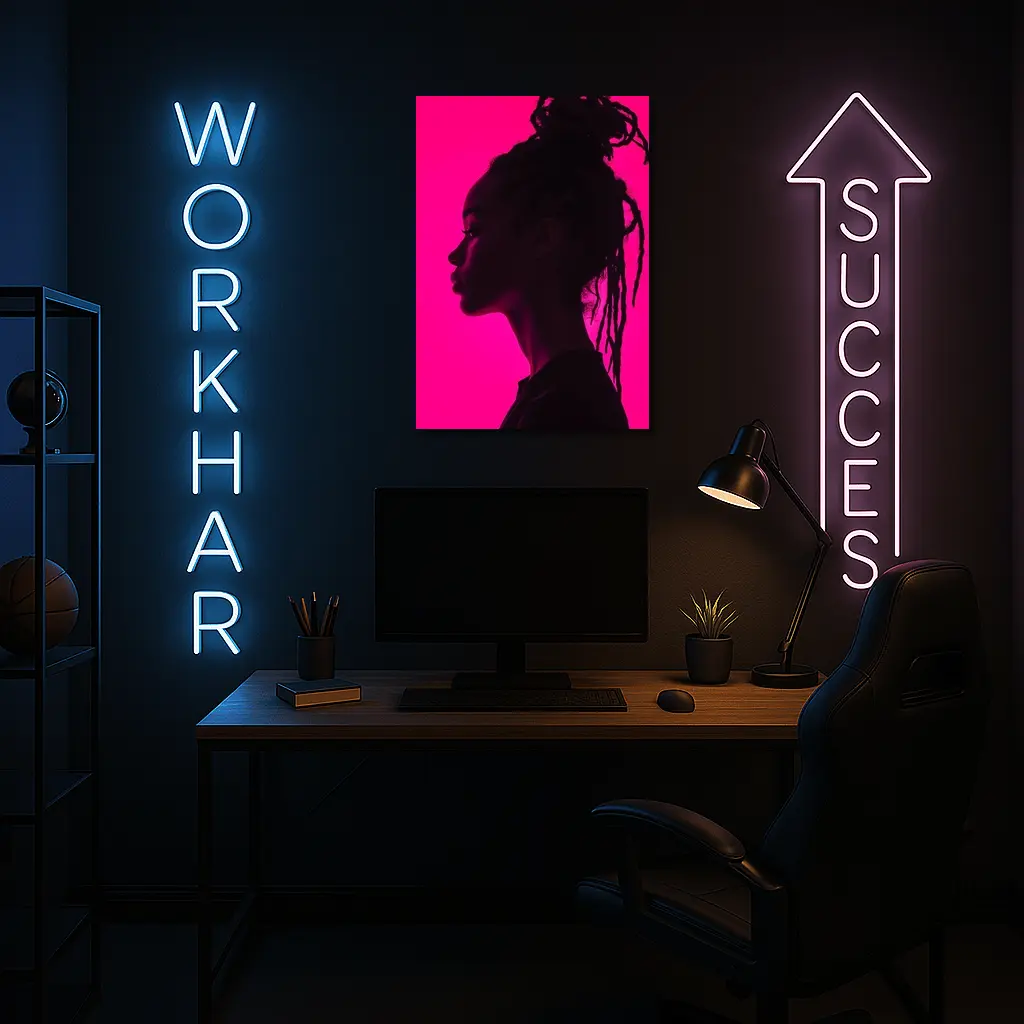 Woman Silhouette Profile Pink Neon Background – Wall Art