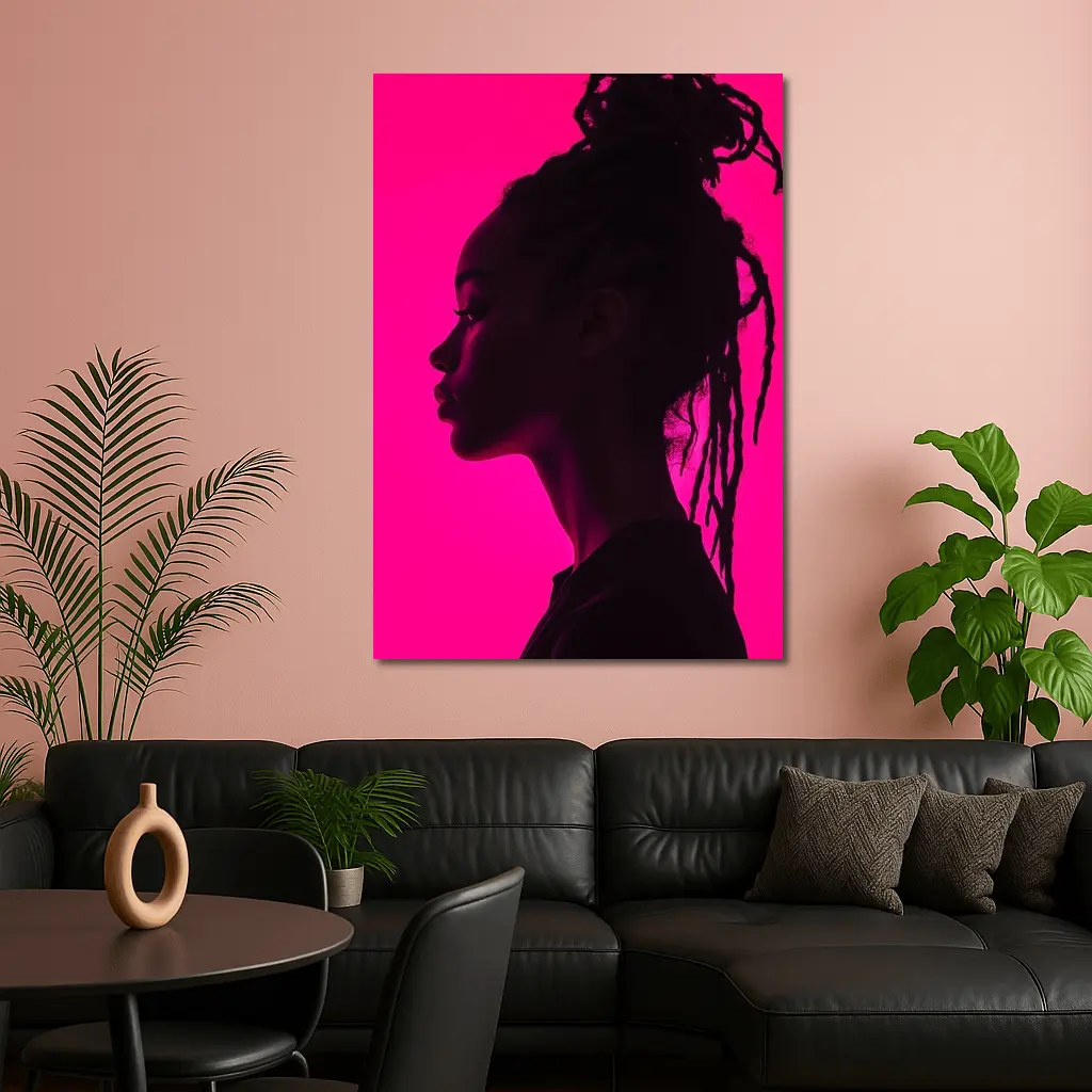 Woman Silhouette Profile Pink Neon Background – Wall Art